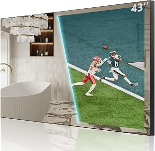 Compare Soulaca 43 inches Large Smart TV Mirror 4K Screen Vanishing IPX6 Waterproof for Bathroom SPA GooGle System WiFi Bluetooth DTV Hotel Advertising Indoor New at KSA Price