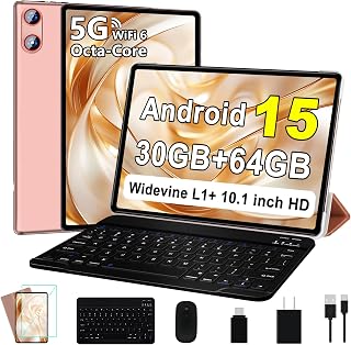 Compare 2025 Android 15 Tablet 10 Inch Tablets with Keyboard, 30GB+64GB+1TB Expand, OctaCore Tablets with 6000mAh Battery, HD IPS Display, 5G WiFi, Split Screen, Widevine L1  Rose Gold at KSA Price