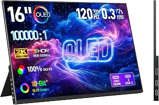 Compare Portable Gaming Monitor 16 Inch 120Hz OLED 0.3ms, Contrast 100000:1, 2048×1280, 100�IP3, HDMI 2 USBC HDR Monitor, 500 CDm², Compatible with PC, Laptop, PS54, Xbox and Switch at KSA Price
