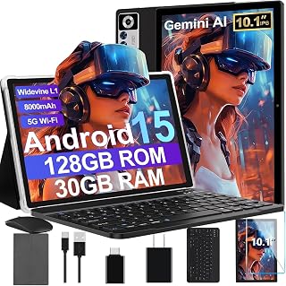 Compare 2025 Android 15 Tablet with Keyboard | Gemini AI, 30GB+128GB OctaCore Electronics Tablets w 10 Inch IPS HD Display, 8000mAh, 5G WiFi, 1TB Expand, Mouse+Case, BT 5.0, Widevine L1, Metal Body Black at KSA Price
