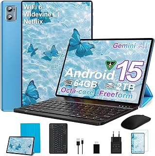 Compare Tablet 10.1 Inch Android 15 with 30GB RAM + 64GB ROM 1TB TF, WiFi 6, BT 5.0, 6000mAh, Dual Camera 8+5MP, 1280 x 800, Cast, OTG, Type C, with Case, Keyboard & Mouse Blue at KSA Price