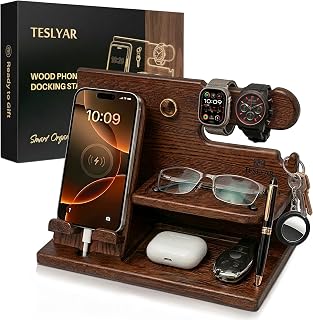 Compare TESLYAR Wood Phone Docking Station Ash Key Holder Wallet Stand Watch Organizer Men Husband Wife Anniversary Dad Birthday Nightstand Purse Father Graduation Male Travel Idea Gadgets at KSA Price