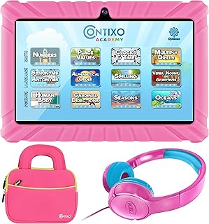 Compare Contixo 7 inch Kids Learning Tablet Bundle  32GB Storage, Bluetooth, Android, Dual Cameras, Parental Control, Kids Bluetooth Headphone & Tablet Bag  Blue at KSA Price