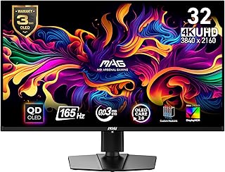 Compare MSI MAG 321UP QDOLED 32inch QDOLED 3840 x 2160 UHD Computer Monitor, 165Hz, AdaptiveSynch, HDMI, Display Port, VGA Port, VESA Mountable, Tilt, Height Adjustable, Speaker, 0.03ms, Black at KSA Price