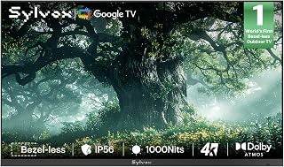 Compare SYLVOX 43 inch Outdoor TV, UltraNarrow Bezel, 4K Smart Google TV, 1000 nits Partial Sun, IP56 Waterproof, Dual Speakers, AllWeather Metal Chassis for Patio, Deck, Backyard Frameless Series at KSA Price