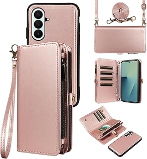 Compare Asuwish Phone Case for Samsung Galaxy Z Fold 7 5G 2025 Zipper Wallet Detachable Cell Cover with Crossbody Lanyard Strap Flip Card Holder Slot ZFold7 Z7 G Fold7 ZFold 7Z Women Men Girls Rose Gold at KSA Price