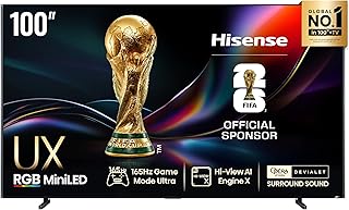 Compare Hisense 100" UX RGB MiniLED 4K Smart TV 2025 – VIDAA OS, 8Year OS Updates, 5000 Nits, 165Hz Native Panel, 3D Color Master Pro, CineStage X 6.2.2 Audio at KSA Price