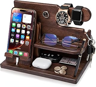 Compare TESLYAR Wood Phone Docking Station Ash Key Holder Wallet Stand Watch Organizer Men Husband Wife Anniversary Dad Birthday Nightstand Purse Father Graduation Male Travel Idea Gadgets at KSA Price