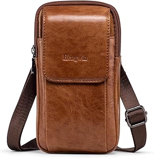 Compare hengwin Multifunctional Genuine Leather Double Zip Bags Men Vintage Look Shoulder Bag Mobile Phone Belt Bag Phone Holster for Travel, Outdoor Activities, Brown, S at KSA Price