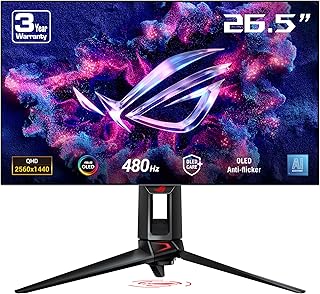 Compare ASUS ROG Swift OLED PG27AQDP gaming monitor ― 27inch WOLED, 480Hz, 0.03ms, GSYNC® compatible, custom heatsink, ASUS OLED Care+, AI Assistant, uniform brightness, 99�IP3, and DisplayWidget Center at KSA Price