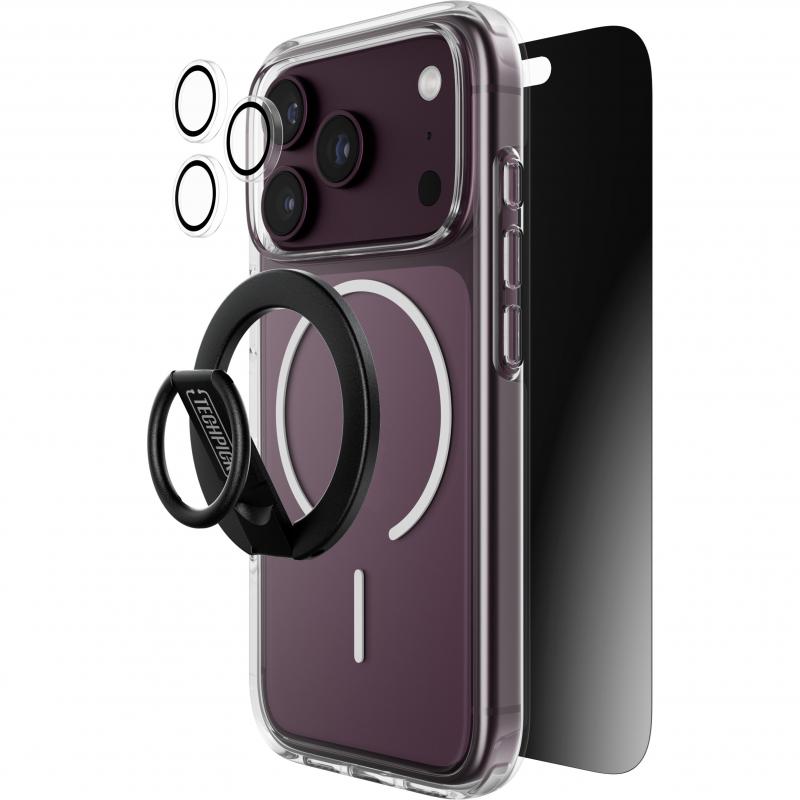 Compare Techpick 4in1 Protection Clear Case + Privacy Tempered Glass + Camera Lens Protector + Magnetic Stand Smartphone Case Bundle, for iPhone 18 Pro, Clear at KSA Price
