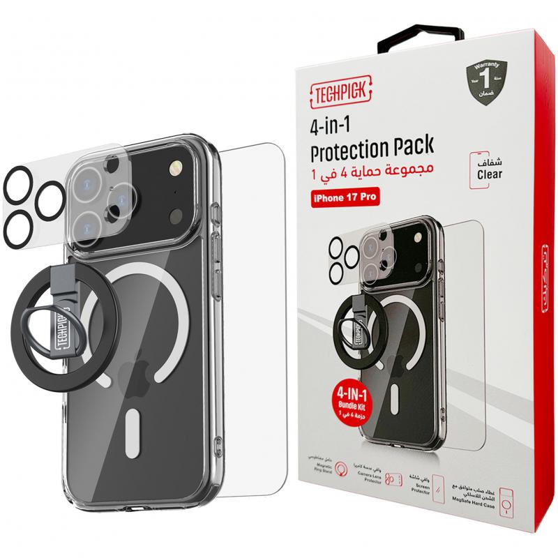 Compare Techpick 4in1 Protection Pack MagSafe Hard Case + Tempered Glass + Camera Lens Protector + Magnetic Stand Smartphone Case Bundle, for iPhone 17 Pro, Clear at KSA Price