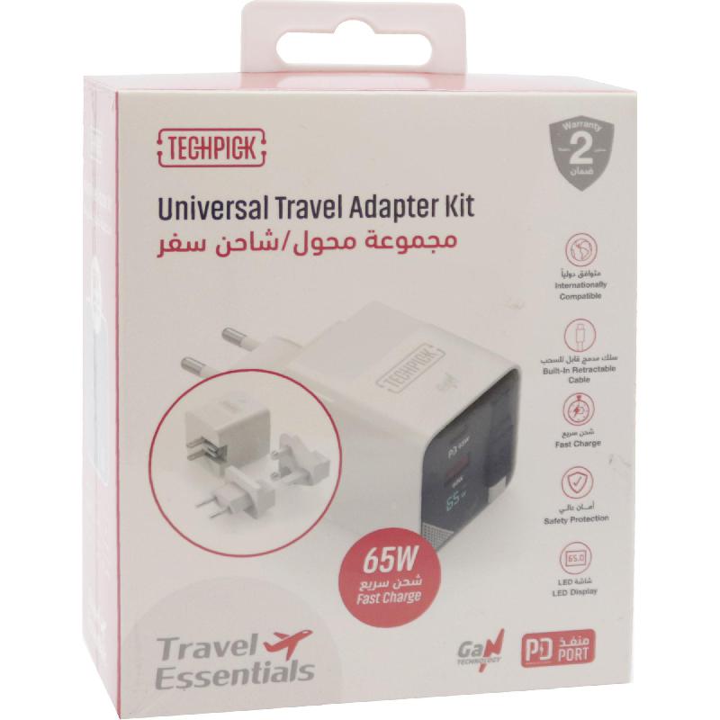 Compare Techpick Travel Adapter 65W Travel Adapter with UKEUUS Plugs, Retractable USBC Cable, USB PD Power Delivery, 65 Watts, 3 USB 2X USBC1X USB, BlackWhite at KSA Price