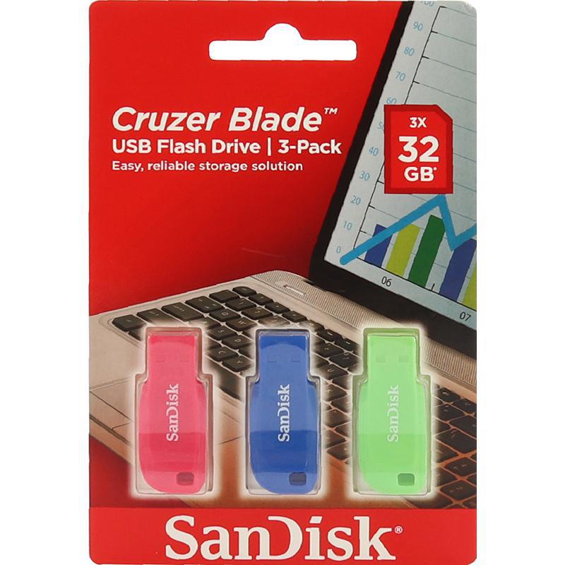 Compare SanDisk Cruzer Blade 3Pack USB Flash Drive, 32 GB, Blue;Green;Pink at KSA Price