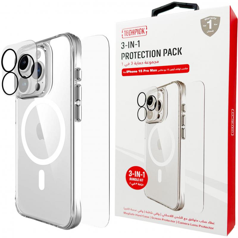 Compare Techpick 3in1 Protection Pack MagSafe Hard Case + Tempered Glass + Camera Lens Protector Smartphone Case Bundle, for iPhone 15 Pro Max, Clear at KSA Price