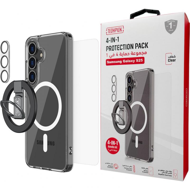 Compare Techpick 4in1 Protection Pack MagSafe Hard Case + Tempered Glass + Camera Lens Protector + Magnetic Stand Smartphone Case Bundle, for Samsung Galaxy S25, Clear at KSA Price