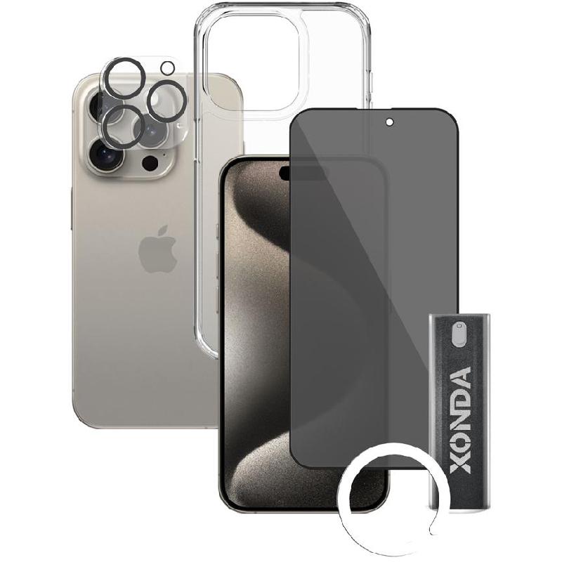 Compare Xonda 4in1 Clear Case + Privacy Tempered Glass + Camera Lens + Antibacterial Spray Smartphone Case Bundle, for iPhone 15 Pro, Clear at KSA Price