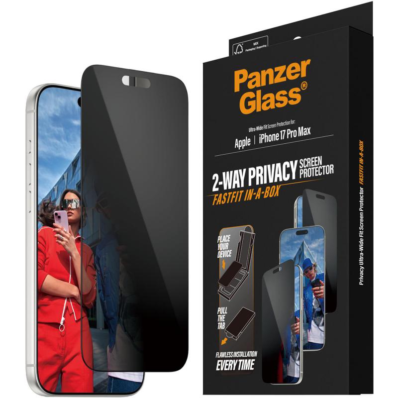 Compare PanzerGlass UltraWide Fit Fastfit InABox Smartphone Screen Protector, for iPhone 17 Pro Max, Tempered Glass with Black Frame, Privacy at KSA Price