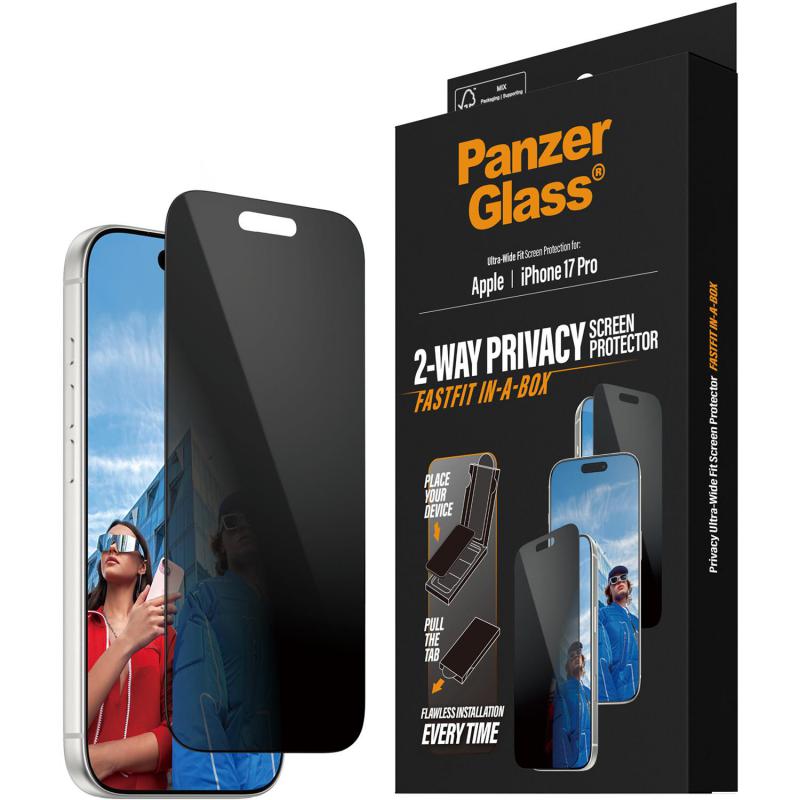 Compare PanzerGlass UltraWide Fit Fastfit InABox Smartphone Screen Protector, for iPhone 17 Pro, Tempered Glass with Black Frame, Privacy at KSA Price