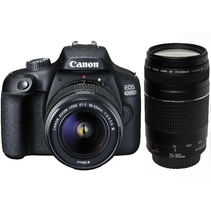 Compare Canon EOS 4000D NIS DSLR Camera, 18 MP, CMOS, Full HD 1920 X 1080p30fps, with 18  55 mm NIS + 75  300 mm Lens NIS at KSA Price