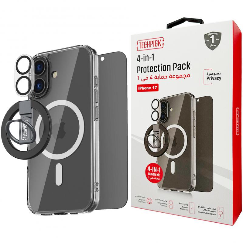 Compare Techpick 4in1 Protection Pack Clear Case + Privacy Tempered Glass + Camera Lens Protector + Magnetic Stand Smartphone Case Bundle, for iPhone 17, Clear at KSA Price