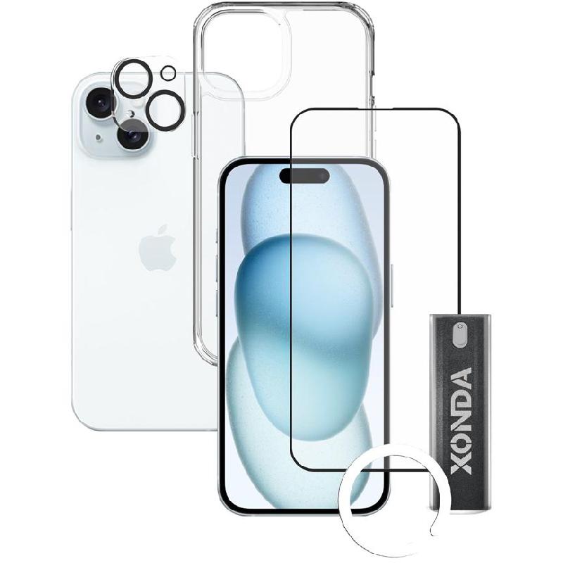 Compare Xonda 4in1 Clear Case + Tempered Glass + Camera Lens Protector + Antibacterial Spray Smartphone Case Bundle, for iPhone 15 Plus, Clear at KSA Price