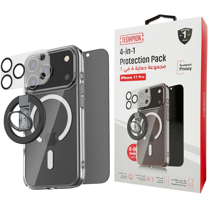 Compare Techpick 4in1 Protection Pack Clear Case + Privacy Tempered Glass + Camera Lens Protector + Magnetic Stand Smartphone Case Bundle, for iPhone 17 Pro, Clear at KSA Price
