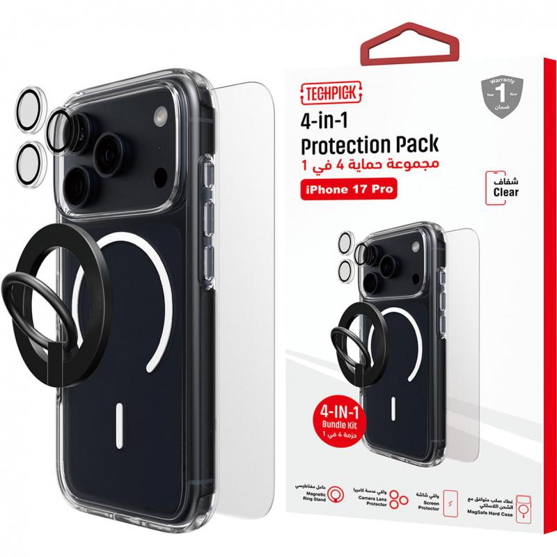 Compare Techpick 4in1 Protection MagSafe Hard Case + Tempered Glass + Camera Lens Protector + Magnetic Stand Smartphone Case Bundle, for iPhone 17 Pro, Clear at KSA Price