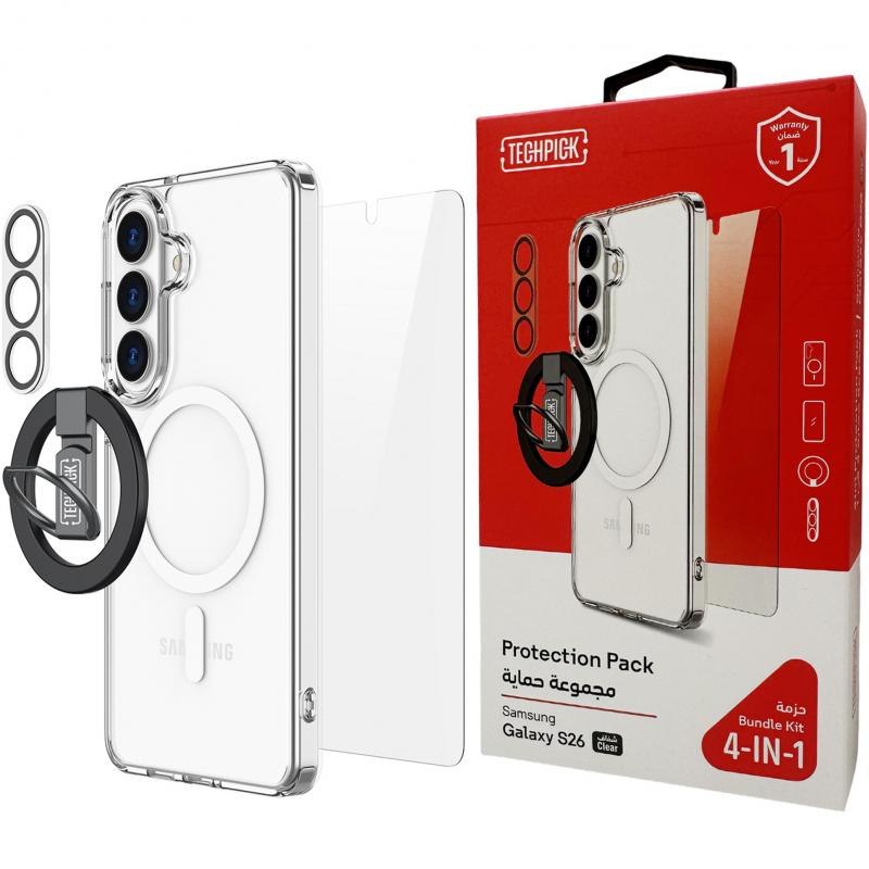 Compare Techpick 4in1 Protection Pack MagSafe Hard Case + Tempered Glass + Camera Lens Protector + Magnetic Stand Smartphone Case Bundle, for Samsung Galaxy S26+, Clear at KSA Price