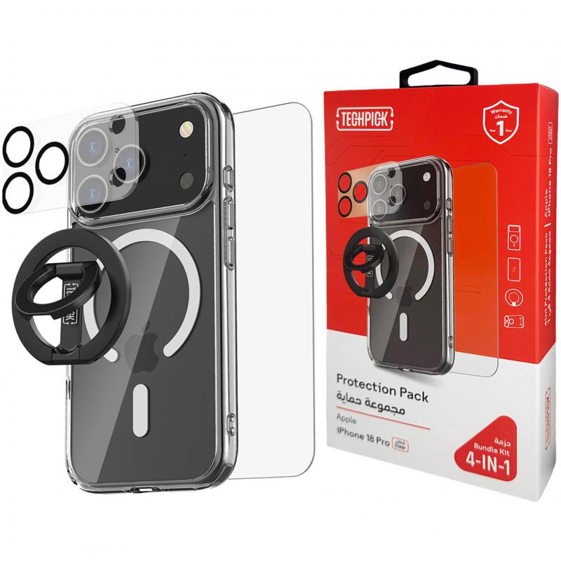 Compare Techpick 4in1 Protection Pack MagSafe Hard Case + Tempered Glass + Camera Lens Protector + Magnetic Stand Smartphone Case Bundle, for iPhone 18 Pro, Clear at KSA Price