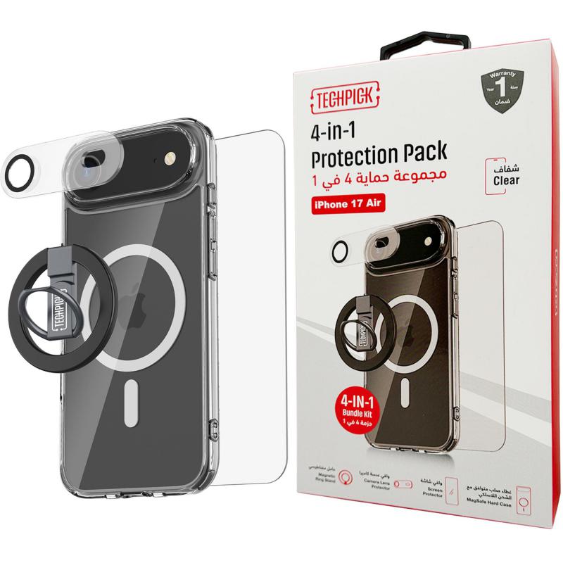 Compare Techpick 4in1 Protection Pack MagSafe Hard Case + Tempered Glass + Camera Lens Protector + Magnetic Stand Smartphone Case Bundle, for iPhone Air, Clear at KSA Price