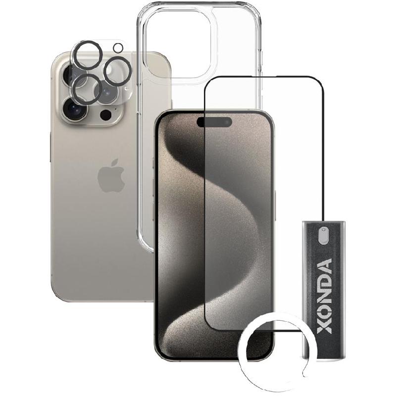 Compare Xonda 4in1 Clear Case + Tempered Glass + Camera Lens + Antibacterial Spray Smartphone Case Bundle, for iPhone 15 Pro, Clear at KSA Price
