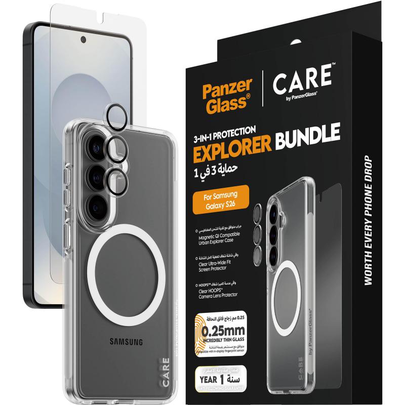 Compare PanzerGlass 3in1 Protection Pack Urban Explorer Case + Screen Protector + Hoops Camera Lens Protector Smartphone Case Bundle, for Samsung Galaxy S26, Clear at KSA Price
