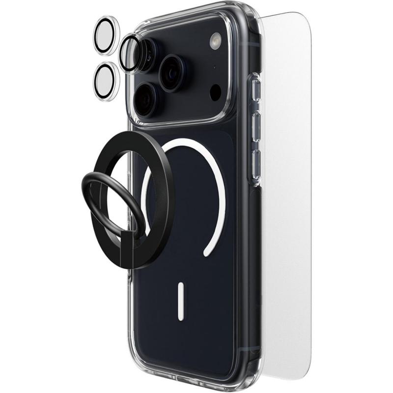 Compare Techpick 4in1 Protection MagSafe Hard Case + Tempered Glass + Camera Lens Protector + Magnetic Stand Smartphone Case Bundle, for iPhone 17 Pro, Clear at KSA Price