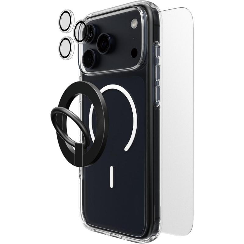 Compare Techpick 4in1 Protection MagSafe Hard Case + Tempered Glass + Camera Lens Protector + Magnetic Stand Smartphone Case Bundle, for iPhone 17 Pro Max, Clear at KSA Price