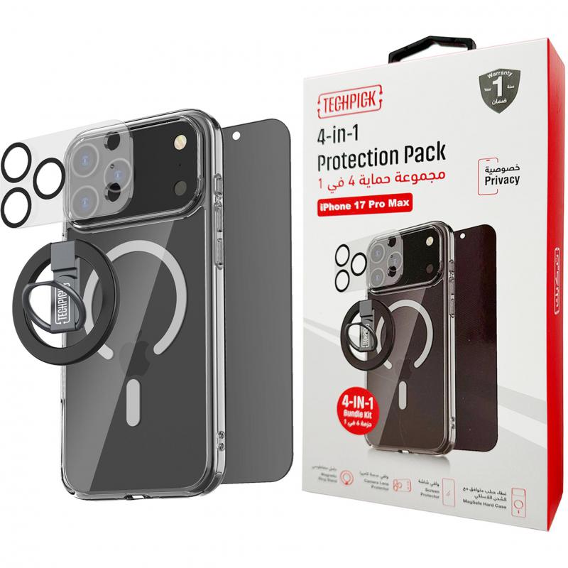 Compare Techpick 4in1 Protection Pack Clear Case + Privacy Tempered Glass + Camera Lens Protector + Magnetic Stand Smartphone Case Bundle, for iPhone 17 Pro Max, Clear at KSA Price