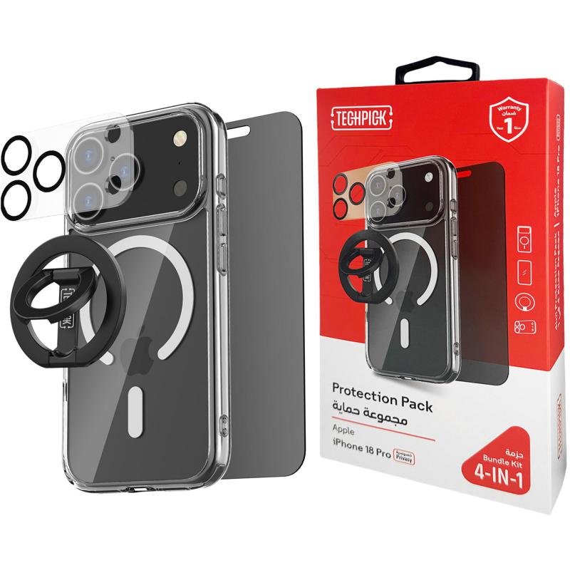 Compare Techpick 4in1 Protection Pack Clear Case + Privacy Tempered Glass + Camera Lens Protector + Magnetic Stand Smartphone Case Bundle, for iPhone 18 Pro, Clear at KSA Price