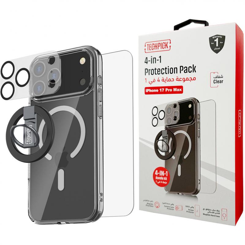 Compare Techpick 4in1 Protection Pack MagSafe Hard Case + Tempered Glass + Camera Lens Protector + Magnetic Stand Smartphone Case Bundle, for iPhone 17 Pro Max, Clear at KSA Price