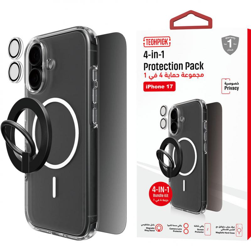 Compare Techpick 4in1 Protection Clear Case + Privacy Tempered Glass + Camera Lens Protector + Magnetic Stand Smartphone Case Bundle, for iPhone 17, Clear at KSA Price