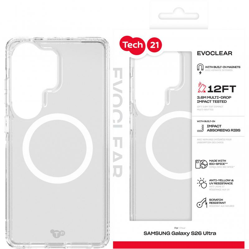 Compare Tech21 EvoClear with Magnet Back Cover Mobile Case with MagSafe, for Samsung Galaxy S26 Ultra, Clear at KSA Price