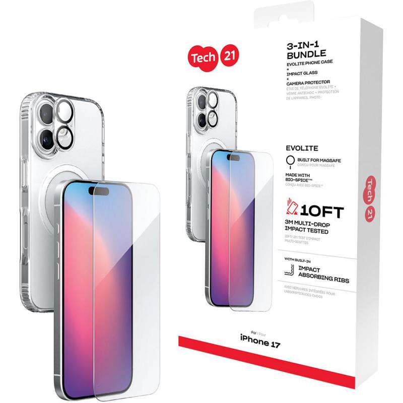 Compare Tech21 3in1 MagSafe Bundle Evo Clear MagSafe Case + Impact Glass Screen Protector + Camera Lens Protector Smartphone Case Bundle, for iPhone 17, Clear at KSA Price