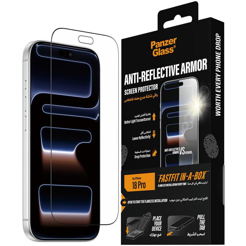 Compare PanzerGlass UltraWide Fit Fastfit InABox Smartphone Screen Protector, for iPhone 18 Pro, Tempered Glass, Antireflective Armor at KSA Price