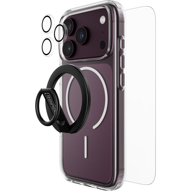 Compare Techpick 4in1 Protection MagSafe Hard Case + Tempered Glass + Camera Lens Protector + Magnetic Stand Smartphone Case Bundle, for iPhone 18 Pro, Clear at KSA Price