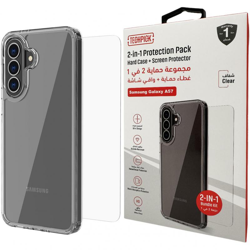 Compare Techpick Clear Case + Tempered Glass Smartphone Case Bundle, for Samsung Galaxy A57 5G, Clear at KSA Price