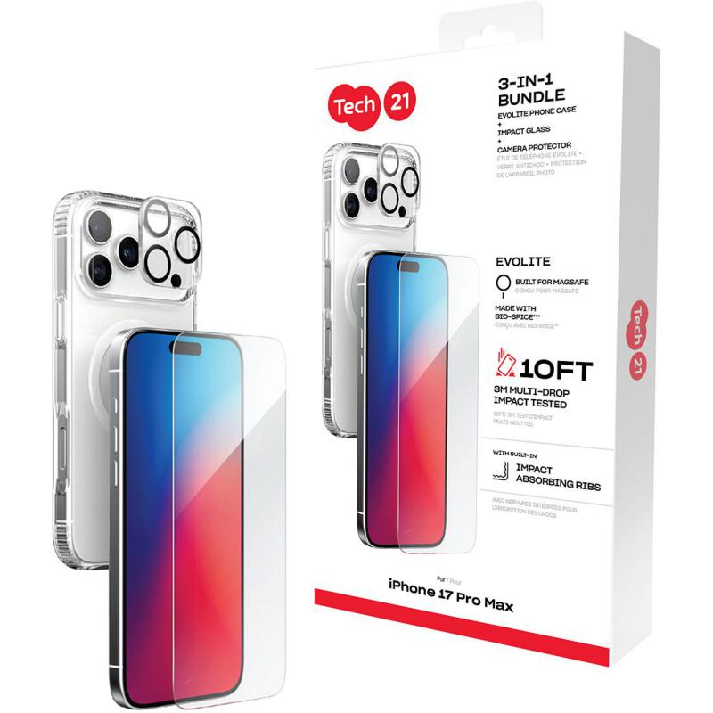 Compare Tech21 3in1 MagSafe Bundle Evo Clear MagSafe Case + Impact Glass Screen Protector + Camera Lens Protector Smartphone Case Bundle, for iPhone 17 Pro Max, Clear at KSA Price