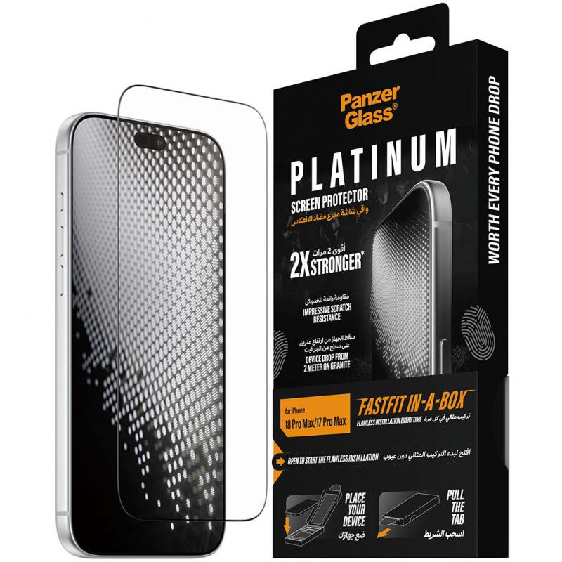 Compare PanzerGlass Platinum Fastfit InABox Smartphone Screen Protector, for iPhone 18 Pro MaxiPhone 17 Pro Max, Tempered Glass at KSA Price