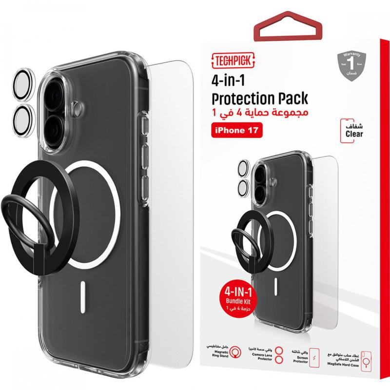Compare Techpick 4in1 Protection MagSafe Hard Case + Tempered Glass + Camera Lens Protector + Magnetic Stand Smartphone Case Bundle, for iPhone 17, Clear at KSA Price