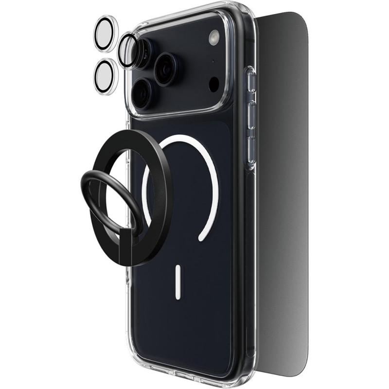 Compare Techpick 4in1 Protection Clear Case + Privacy Tempered Glass + Camera Lens Protector + Magnetic Stand Smartphone Case Bundle, for iPhone 17 Pro Max, Clear at KSA Price
