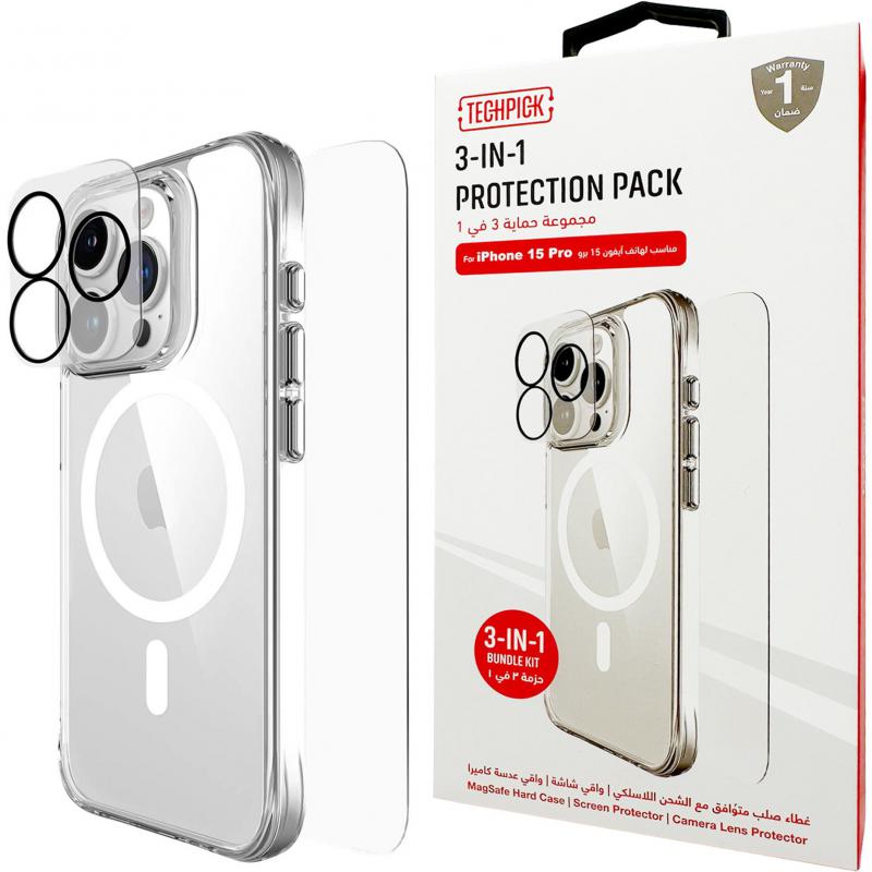 Compare Techpick 3in1 Protection Pack MagSafe Hard Case + Tempered Glass + Camera Lens Protector Smartphone Case Bundle, for iPhone 15 Pro, Clear at KSA Price