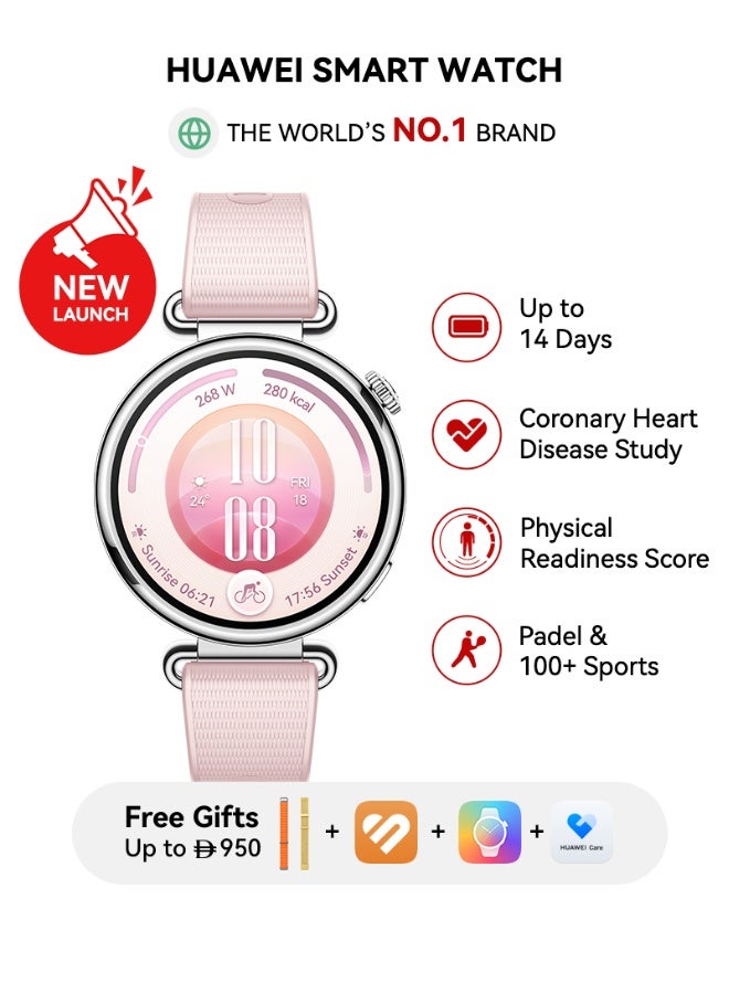 Compare WATCH GT7 41mm Smart Watch, Upto 14 Days of Battery Life, Compatible with iOS & Android, ECG, Heart Rate Monitoring, 100+ Sports Modes, Physical Readiness Score With Free 2 Extra Straps pink at KSA Price